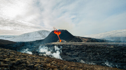 GELDINGADALUR, ICELAND. Erupting Fagradalsfjall volcano, 52 km from Reykjavík. 
View of the...