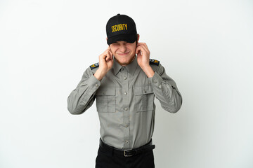 Young Russian security man isolated on white background frustrated and covering ears
