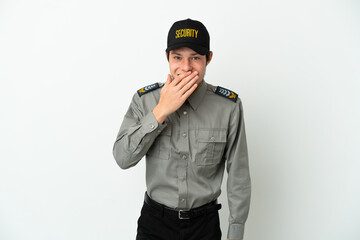 Young Russian security man isolated on white background happy and smiling covering mouth with hand