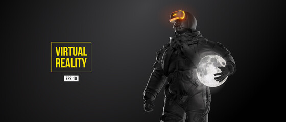 VR headset with neon light, future technology concept banner. Astronaut with virtual reality glasses on black background and Moon planet. VR games. Vector illustration. Thanks for watching © matrosovv