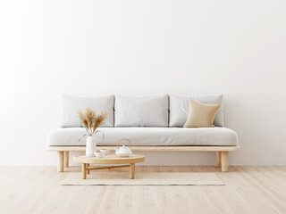 Living room interior wall mockup in warm neutrals with low sofa, beige pillow, dried Pampas grass, caned table and japandi style decor on empty white wall background. 3D rendering, illustration.