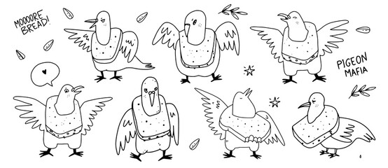 Cartoon pigeons birds with a bread necklace. Outline hand drawn doodle vector illustration of doves. Set of pigeon characters. Clumsy, sarcastic and extremely charming birds. Pigeon mafia