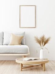 Vertical frame mockup in living room interior with gray sofa, beige pillow, dried Pampas grass on caned table and Japandi style decoration on empty wall background. 3D rendering, illustration