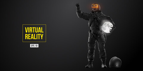 VR headset with neon light, future technology concept banner. Astronaut with virtual reality glasses on black background and Moon planet. VR games. Vector illustration. Thanks for watching © matrosovv