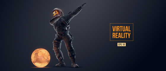 VR headset with neon light, future technology concept banner. Astronaut with virtual reality glasses on black background and Mars planet. VR games. Vector illustration. Thanks for watching © matrosovv