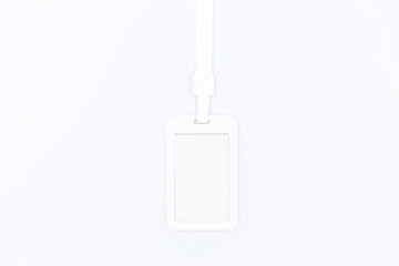 Clear plastic badge id card with white neck lanyard isolated on white background