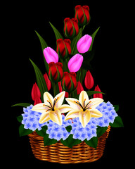 Feliz Día de la Madre con rosas y lirios. Ilustración brillante con flores rojas y sombra. Flores de hermosas para las vacaciones.