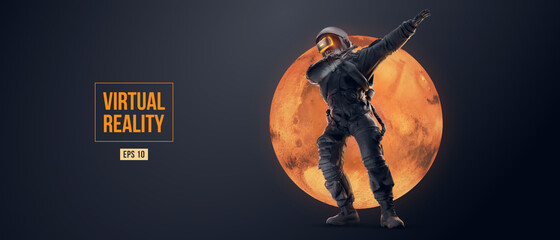 VR headset with neon light, future technology concept banner. Astronaut with virtual reality glasses on black background and Mars planet. VR games. Vector illustration. Thanks for watching © matrosovv