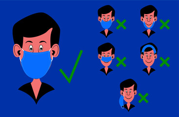 Los seis hombres enseñan cómo usar la máscara facial correcta e incorrectamente en diseño plano. La máscara de uso correcta impide la propagación del coronavirus y del vector de enfermedad Covid-19 