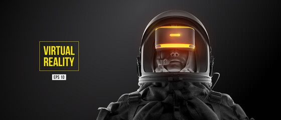 VR headset with neon light, future technology concept banner. Astronaut with virtual reality glasses on black background. VR games. Vector illustration. Thanks for watching