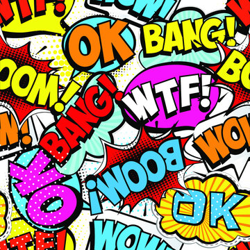 Pop Art seamless comic pattern  . Wow, bang, boom. Retro comic text speech bubble. Cartoon comics  vector illustration.  Pop art background for  textile , fashion, sport wear and more
