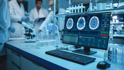 Shot of Desktop Computer with Running Software of MRI Brain Analysis. Sophisticated Programming is...