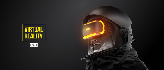 VR headset with neon light, future technology concept banner. Astronaut with virtual reality glasses on black background. VR games. Vector illustration. Thanks for watching © matrosovv