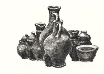 illustration - a set of pottery, graphics on a white background