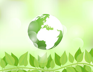 Ecology concept. Green earth on nature green background with green spring leaves. on sunshine and bokeh. Vector. illustration.