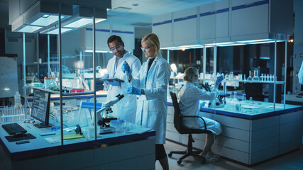 Female and Male Medical Research Scientists Have a Conversation While Conducting Experiments in...