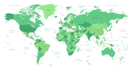 World Map. Highly detailed map of the world with detailed borders of all countries with cities, capitals and regions, in green colors. Vector illustration