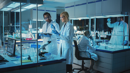 Female and Male Medical Research Scientists Have a Conversation While Conducting Experiments in...