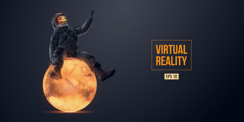 VR headset with neon light, future technology concept banner. Astronaut with virtual reality glasses on black background and Mars planet. VR games. Vector illustration. Thanks for watching - obrazy, fototapety, plakaty