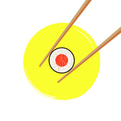 Vector Chopsticks Holding Roll on Bright Yellow Circle Background, Sushi Concept, Japanese Food.

