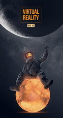 VR headset with neon light, future technology concept banner. Astronaut with virtual reality glasses on black background and Mars planet. VR games. Vector illustration. Thanks for watching © matrosovv