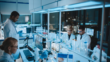 Team of Medical Research Scientists Conduct Experiments with Help of Microscope, Test Tubes, Micropipette and Desktop Computer. Modern Biological Applied Science Laboratory with Diverse Colleagues.