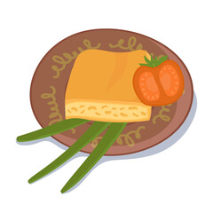 Omelet on a brown plate with green onions and tomatoes. Breakfast of eggs. Flat vector illustration. A bright illustration.