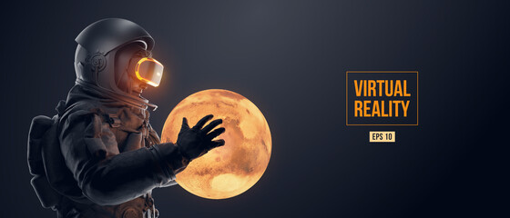 VR headset with neon light, future technology concept banner. Astronaut with virtual reality glasses on black background and Mars planet. VR games. Vector illustration. Thanks for watching - obrazy, fototapety, plakaty