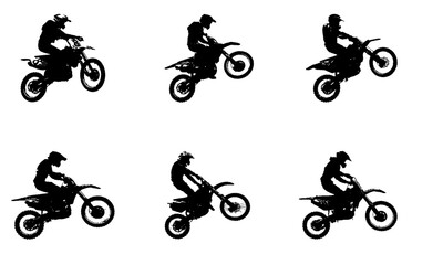 Black silhouettes of motorcyclists jumping on a white background, motorsport and extreme sports.