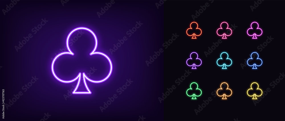 Wall mural Neon club suit icon. Glowing neon clubs sign, outline card suit symbol and silhouette