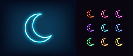 Neon crescent icon. Glowing neon crescent sign, outline moon symbol and silhouette - obrazy, fototapety, plakaty