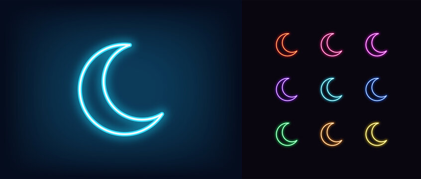 Neon crescent icon. Glowing neon crescent sign, outline moon symbol and silhouette