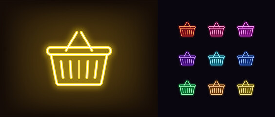 Neon shop basket icon. Glowing neon basket with handle, outline sign and silhouette