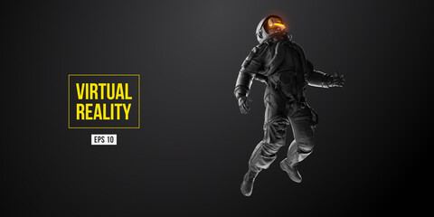 VR headset with neon light, future technology concept banner. Astronaut with virtual reality glasses on black background. VR games. Vector illustration. Thanks for watching - obrazy, fototapety, plakaty