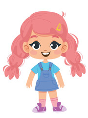 Cute girl cartoon illustration funny. Vector character. Pink pigtails. Preschooler kid.