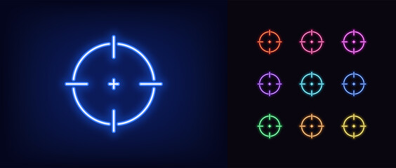 Neon aim icon. Glowing neon target sign, outline crosshair silhouette