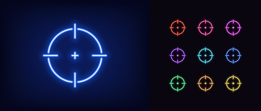 Neon aim icon. Glowing neon target sign, outline crosshair silhouette
