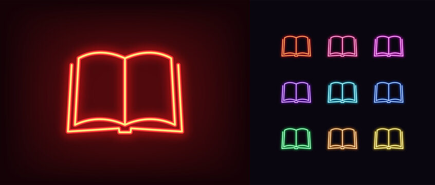 Neon open book icon. Glowing neon book sign, outline textbook silhouette