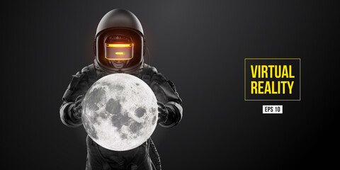 VR headset with neon light, future technology concept banner. Astronaut with virtual reality glasses on black background and Moon planet. VR games. Vector illustration. Thanks for watching