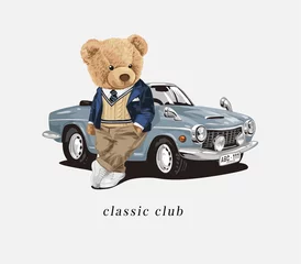 Gardinen classic club slogan with cute bear doll leaning against classic car vector illustration © tsuponk