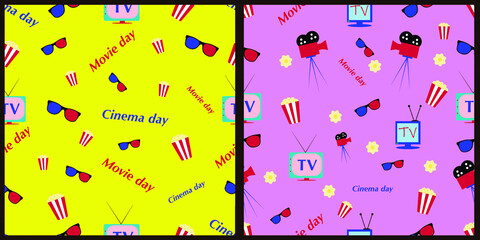 Set of seamless patterns for Movie Day. Images of glasses, popcorn, TV, video camera on a color isolated background. Banner, background, wrapping paper, wallpaper, cover. 