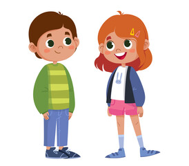 Obraz na płótnie Canvas Two school children talking vector. Full-length characters. Boy and girl kids. Illustration funny clipart set