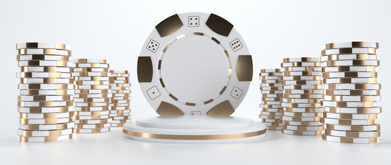 Modern White And Gold Pedestal And Casino Chips, Isolated On The White Background. Empty Space For Logo Or Text - 3D Illustration