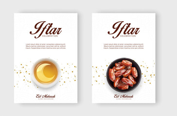 Set of Ramadan kareem iftar party promotional banner design with 3d realistic object of cup of tea and a bowl of dates 