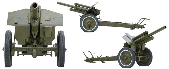 Fototapeta na wymiar Soviet howitzer in three perspectives isolated on white.