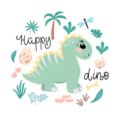 Image of a cute cartoon dinosaur, leaves with the inscription - happy dino, in vector graphics, on a white background. For the design of posters, prints for t-shirts, mugs, notebook covers