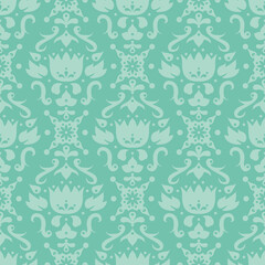 Green damask vector pattern background. Abstract floral seamless illustration.