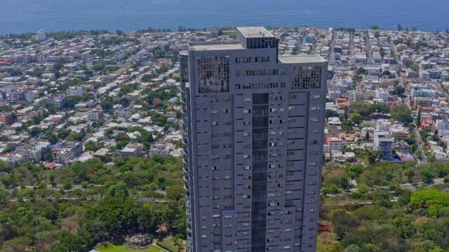 Skyscraper in Avenida Anacaona at Santo Domingo city. Aerial circling