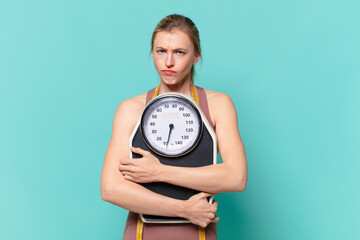 young pretty sport woman angry expression and holding a weight scale