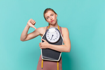 young pretty sport woman angry expression and holding a weight scale